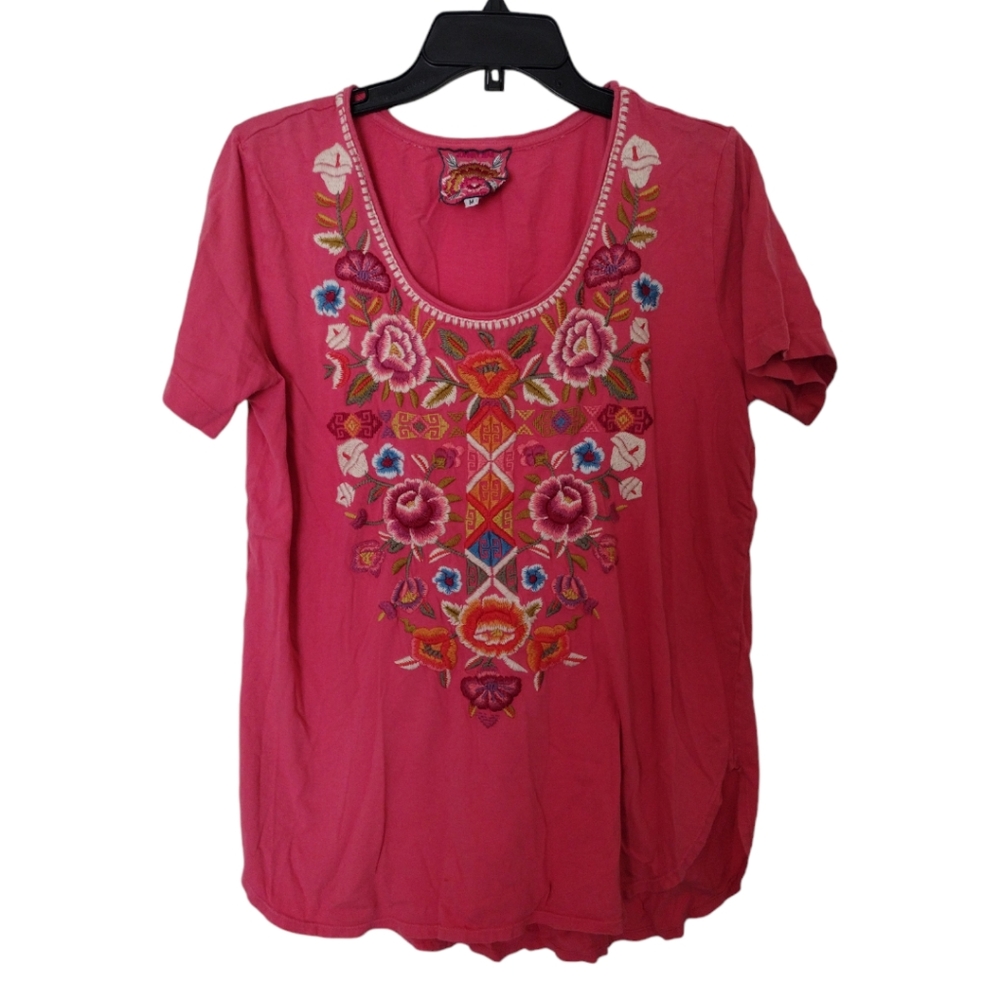 Johnny Was Pink Embroidered Floral Short Sleeve Tee
